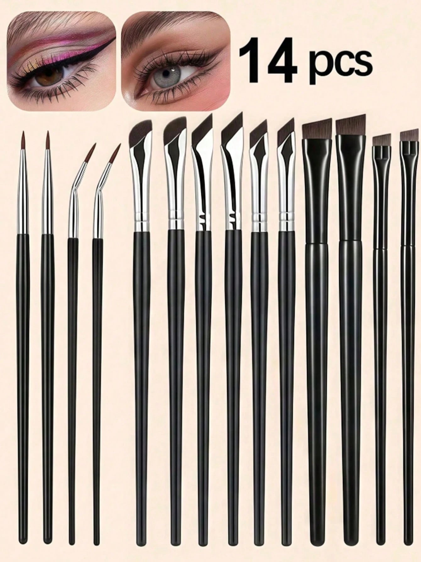 14pcs Precise Eye Makeup Brush Set, Including Angled Eyeliner Brush, Ultra-Fine Eyeliner Brush And Eyebrow Brush, Suitable For Eyebrows, Eyeliner And Eyeshadow, Easily Create Charming Eye Makeup. Made