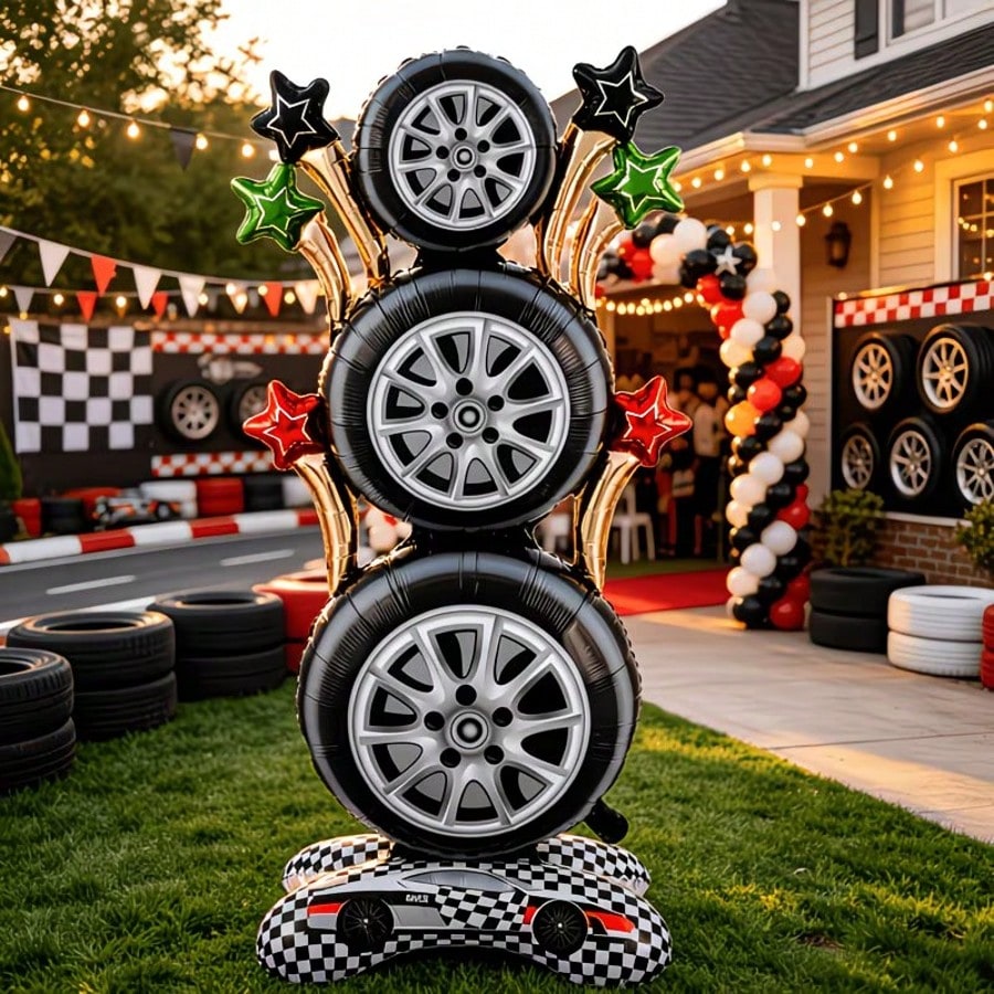 157.48cm Racing Tire Vertical Foil Balloon Set, Checkered Flag Racing Floor Balloon, Racing Theme Birthday Party Decorations, Indoor Birthday Party Supplies