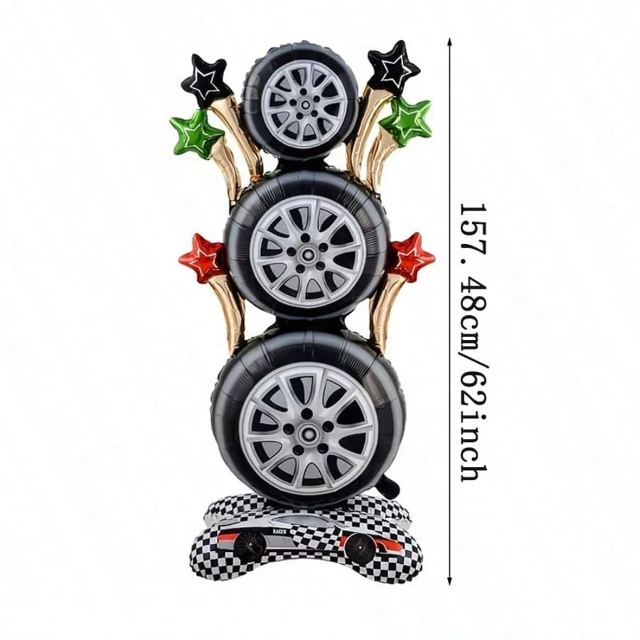 157.48cm Racing Tire Vertical Foil Balloon Set, Checkered Flag Racing Floor Balloon, Racing Theme Birthday Party Decorations, Indoor Birthday Party Supplies