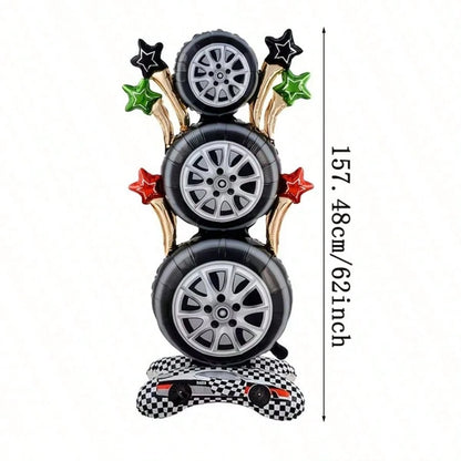 157.48cm Racing Tire Vertical Foil Balloon Set, Checkered Flag Racing Floor Balloon, Racing Theme Birthday Party Decorations, Indoor Birthday Party Supplies