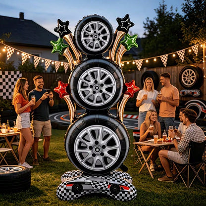 157.48cm Racing Tire Vertical Foil Balloon Set, Checkered Flag Racing Floor Balloon, Racing Theme Birthday Party Decorations, Indoor Birthday Party Supplies