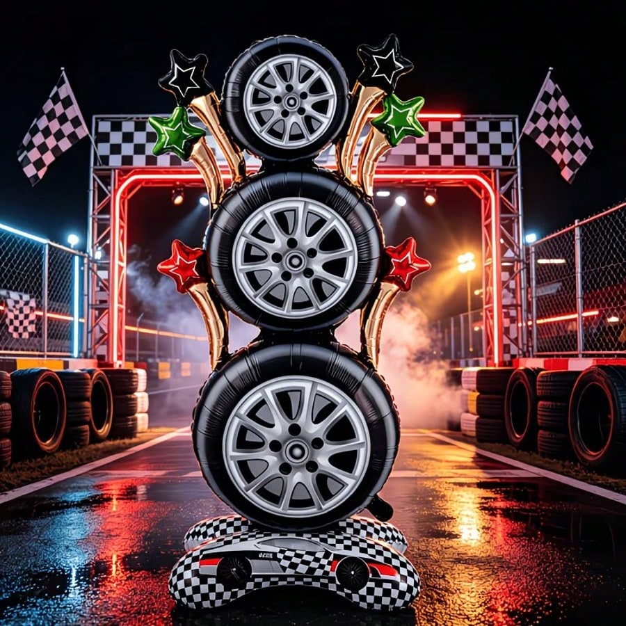 157.48cm Racing Tire Vertical Foil Balloon Set, Checkered Flag Racing Floor Balloon, Racing Theme Birthday Party Decorations, Indoor Birthday Party Supplies
