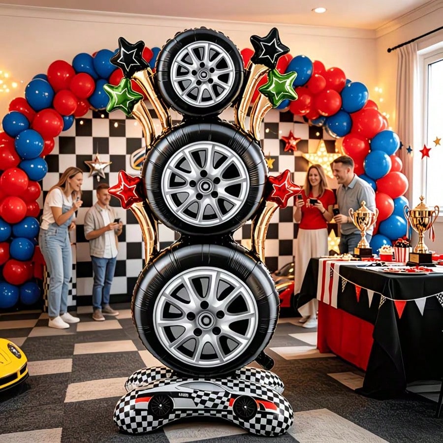 157.48cm Racing Tire Vertical Foil Balloon Set, Checkered Flag Racing Floor Balloon, Racing Theme Birthday Party Decorations, Indoor Birthday Party Supplies