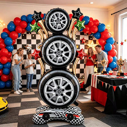 157.48cm Racing Tire Vertical Foil Balloon Set, Checkered Flag Racing Floor Balloon, Racing Theme Birthday Party Decorations, Indoor Birthday Party Supplies