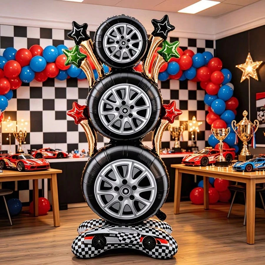 157.48cm Racing Tire Vertical Foil Balloon Set, Checkered Flag Racing Floor Balloon, Racing Theme Birthday Party Decorations, Indoor Birthday Party Supplies