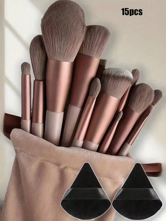 15pcs Makeup Brush Set, Includes 2 Black Triangular Makeup Sponges, Soft And Sticky For Loose Powder; Also 13pcs Makeup Brushes For Blush, Liquid Lipstick, Lipstick, Concealer, Foundation, Primer, Bra
