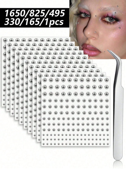 1650/1320/825/495/330/165pcs 3-6mm Silver-Plated Acrylic Y2K Sexy Body Jewelry Stickers + Tweezer, Fake Nose Ring Ear Stud Sticker, Fake Eyebrow & Lip Ring Non-Piercing Body Jewelry, Face Gems For Par