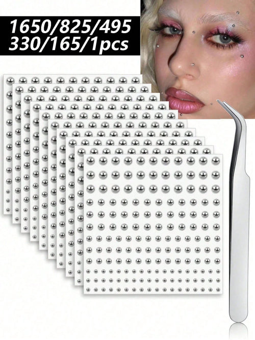 1650/1320/825/495/330/165pcs 3-6mm Silver-Plated Acrylic Y2K Sexy Body Jewelry Stickers + Tweezer, Fake Nose Ring Ear Stud Sticker, Fake Eyebrow & Lip Ring Non-Piercing Body Jewelry, Face Gems For Par