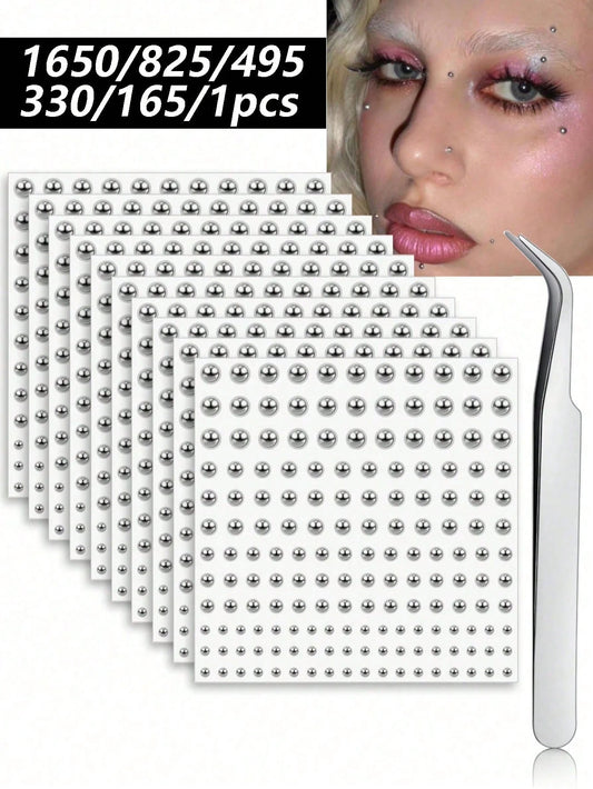 1650/1320/825/495/330/165pcs 3-6mm Silver-Plated Acrylic Y2K Sexy Body Jewelry Stickers + Tweezer, Fake Nose Ring Ear Stud Sticker, Fake Eyebrow & Lip Ring Non-Piercing Body Jewelry, Face Gems For Par