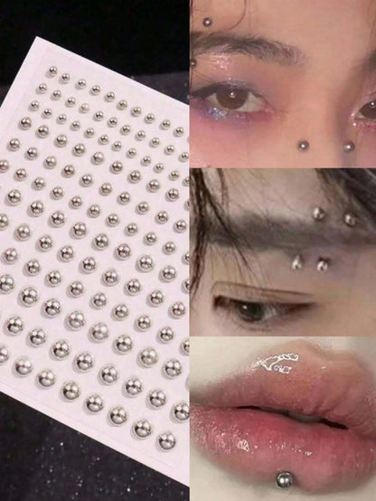 1650/1320/825/495/330/165pcs 3-6mm Silver-Plated Acrylic Y2K Sexy Body Jewelry Stickers + Tweezer, Fake Nose Ring Ear Stud Sticker, Fake Eyebrow & Lip Ring Non-Piercing Body Jewelry, Face Gems For Par