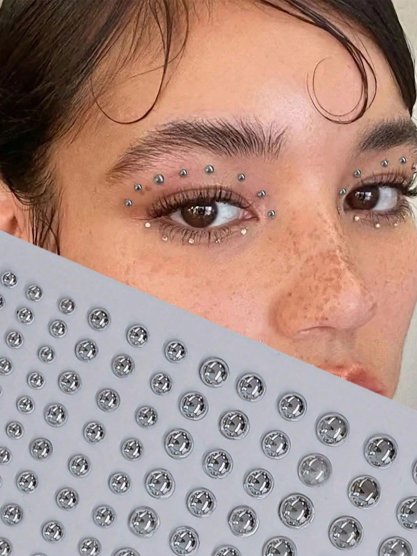 1650/1320/825/495/330/165pcs 3-6mm Silver-Plated Acrylic Y2K Sexy Body Jewelry Stickers + Tweezer, Fake Nose Ring Ear Stud Sticker, Fake Eyebrow & Lip Ring Non-Piercing Body Jewelry, Face Gems For Par
