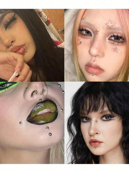 1650/1320/825/495/330/165pcs 3-6mm Silver-Plated Acrylic Y2K Sexy Body Jewelry Stickers + Tweezer, Fake Nose Ring Ear Stud Sticker, Fake Eyebrow & Lip Ring Non-Piercing Body Jewelry, Face Gems For Par