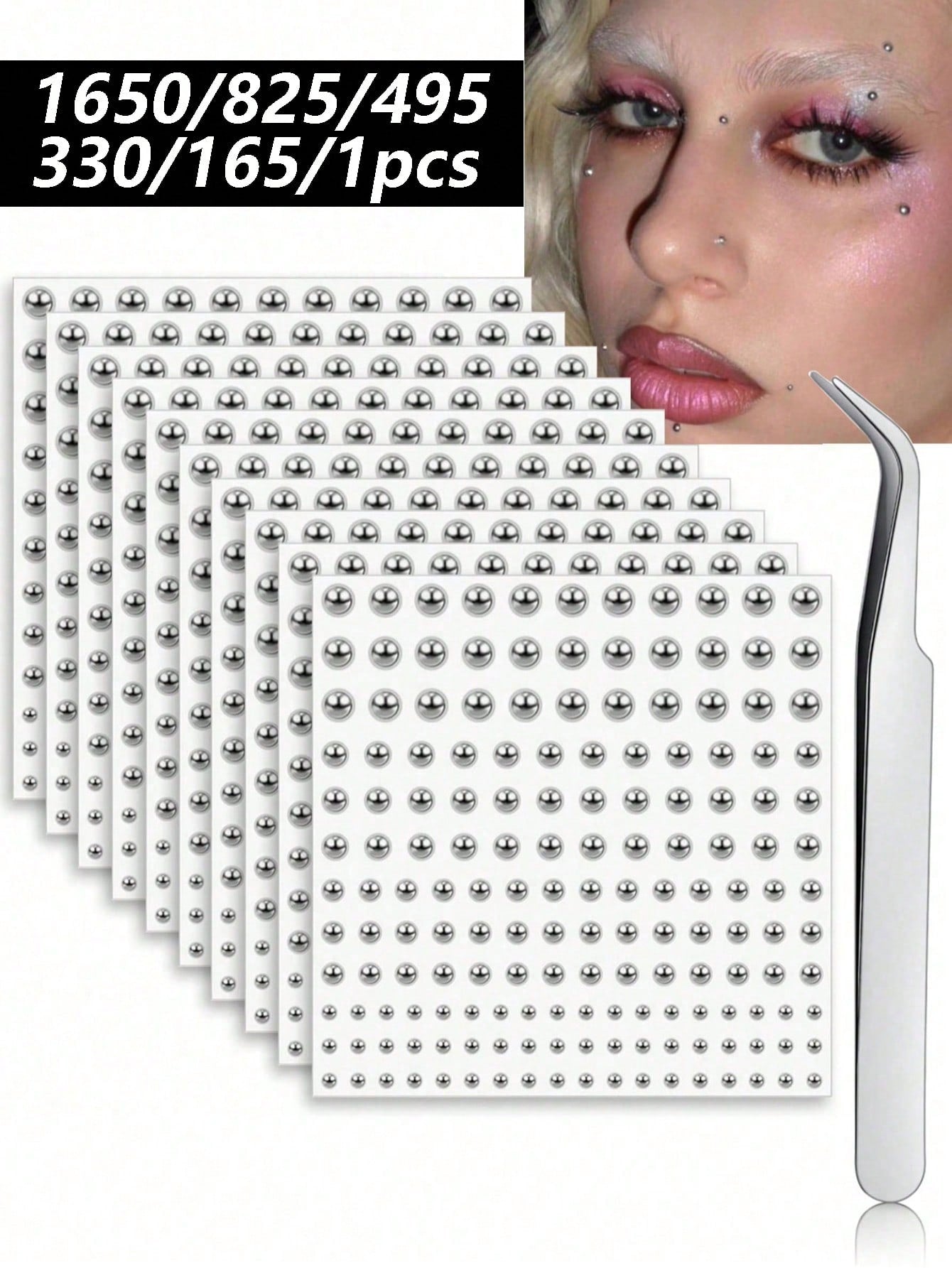1650/1320/825/495/330/165pcs 3-6mm Silver-Plated Acrylic Y2K Sexy Body Jewelry Stickers + Tweezer, Fake Nose Ring Ear Stud Sticker, Fake Eyebrow & Lip Ring Non-Piercing Body Jewelry, Face Gems For Par