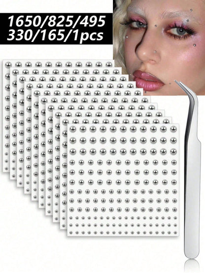 1650/1320/825/495/330/165pcs 3-6mm Silver-Plated Acrylic Y2K Sexy Body Jewelry Stickers + Tweezer, Fake Nose Ring Ear Stud Sticker, Fake Eyebrow & Lip Ring Non-Piercing Body Jewelry, Face Gems For Par