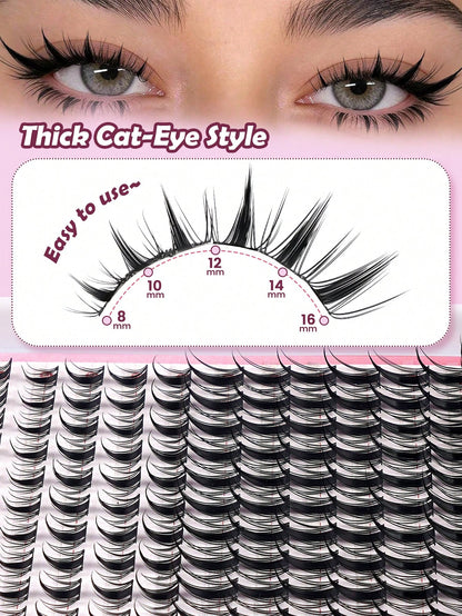 168 Clusters D-Shape Cartoon Fairy Style Eyelash Clusters, Dense Wheat Tip Eyelash Clusters, Wet Look, Cat Eye Anime Eyelashes, Cartoon Eyelash Clusters, DIY Individual Eyelash Clusters, Wide Width, D
