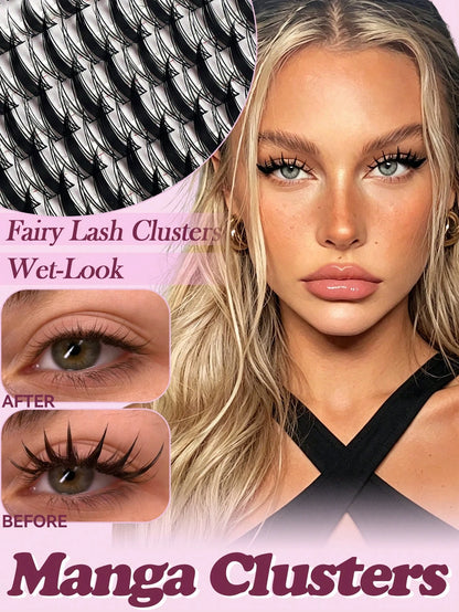 168 Clusters D-Shape Cartoon Fairy Style Eyelash Clusters, Dense Wheat Tip Eyelash Clusters, Wet Look, Cat Eye Anime Eyelashes, Cartoon Eyelash Clusters, DIY Individual Eyelash Clusters, Wide Width, D
