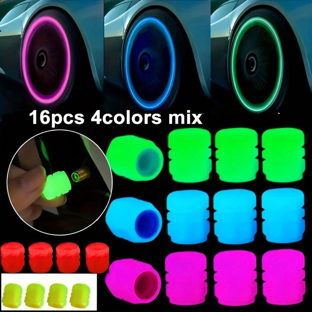 16pcs Glow-In-The-Dark Tire Valve Cap Set- For Cars, Trucks, Motorcycles And Bicycles, Available In Multiple Colors