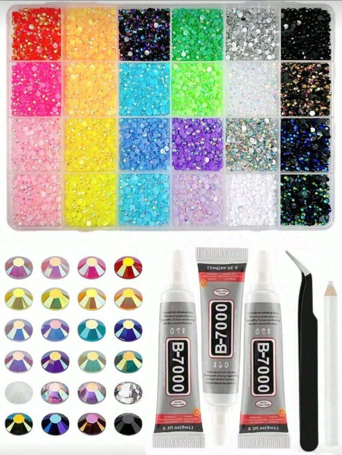18,000pcs 3mm Flat Back Rhinestones, 24 Colors Resin Gems, Decorative Tool Kit Includes 3 Tubes 9ml B7000 Jewelry Glue And Tweezers, Suitable For DIY Crafts, Clothing, Shoes, Phone Cases, Cups, Shoes,