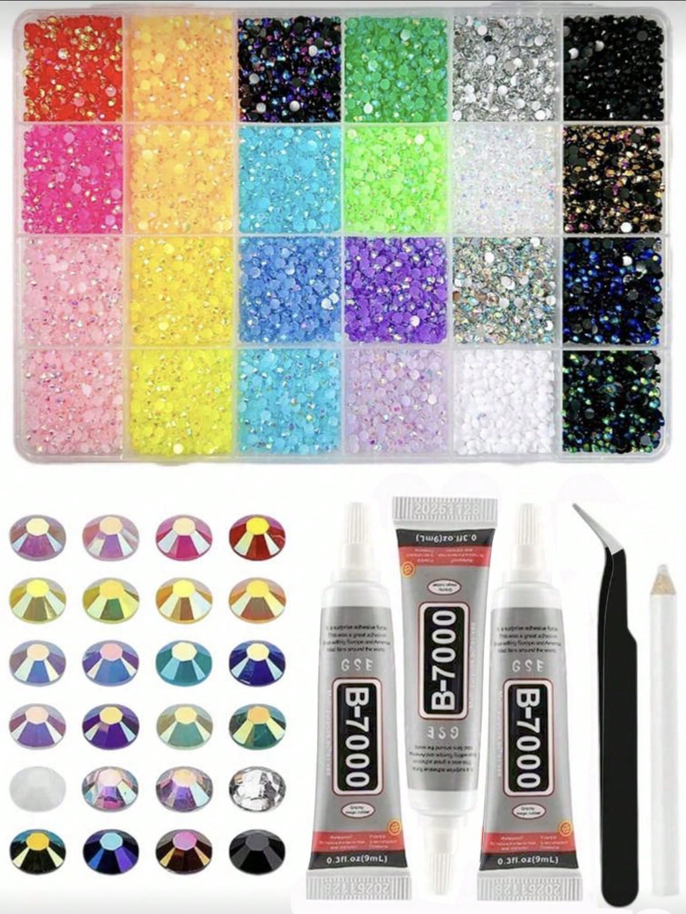 18,000pcs 3mm Flat Back Rhinestones, 24 Colors Resin Gems, Decorative Tool Kit Includes 3 Tubes 9ml B7000 Jewelry Glue And Tweezers, Suitable For DIY Crafts, Clothing, Shoes, Phone Cases, Cups, Shoes,