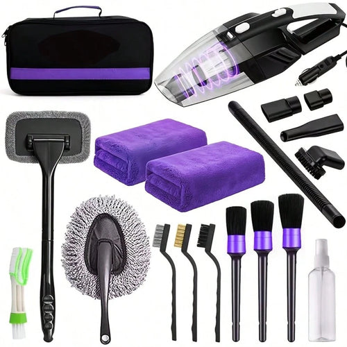 19 Piece Car Care Tools, High-Power Handheld Vacuum Cleaner, Cleaning And Car Wash Kit, Interior Cleaning Set. Available In Purple, Blue, And Purple.