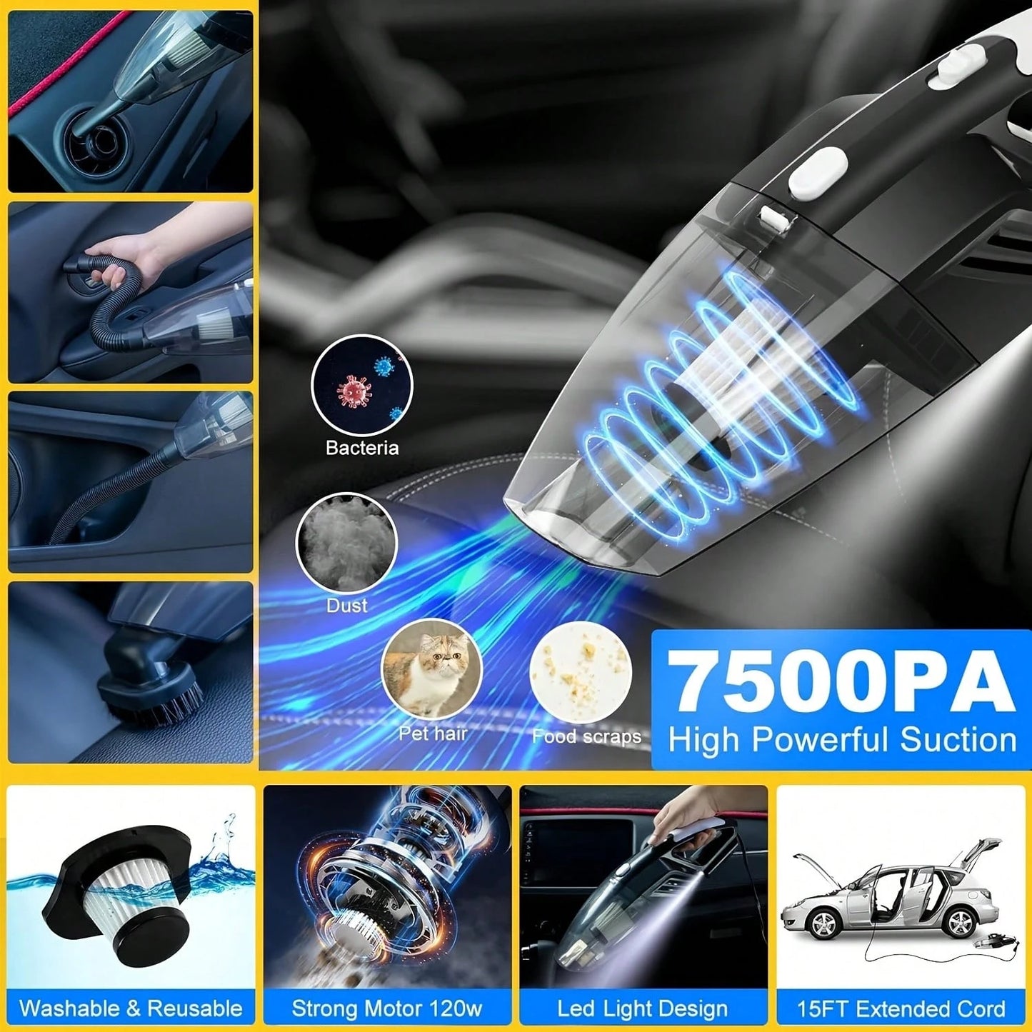 19 Piece Car Care Tools, High-Power Handheld Vacuum Cleaner, Cleaning And Car Wash Kit, Interior Cleaning Set. Available In Purple, Blue, And Purple.