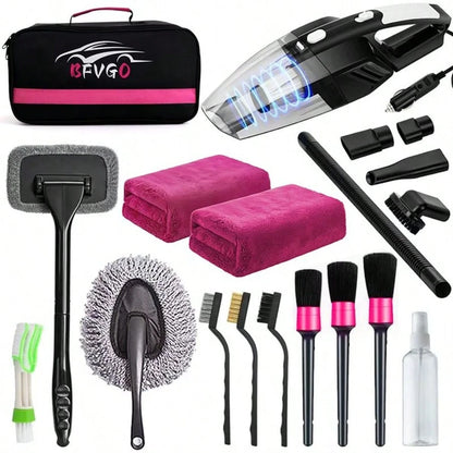 19pcs/Set Car Cleaning Wash Kit Interior Detailing Cleaner Kit With High Power Handheld Vacuum, Brush Set, Windshield Tool, Duster, Towels, Complete Car Care Tool