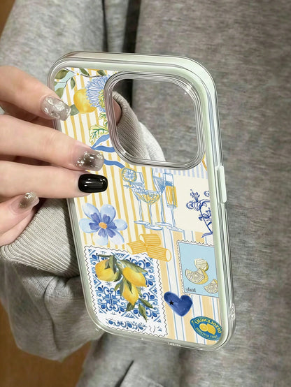 1pc 2-In-1 Green Fashion Full Coverage TPU Phone Case, Striped Lemon Print Pattern Elements, Floral Pattern And Bow, Soft Shell Full Coverage, Compatible With IPhone17/17pro/17promax/16promax/16/ 11