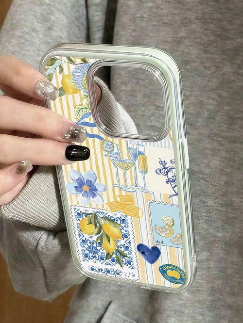 1pc 2-In-1 Green Fashion Full Coverage TPU Phone Case, Striped Lemon Print Pattern Elements, Floral Pattern And Bow, Soft Shell Full Coverage, Compatible With IPhone17/17pro/17promax/16promax/16/ 11