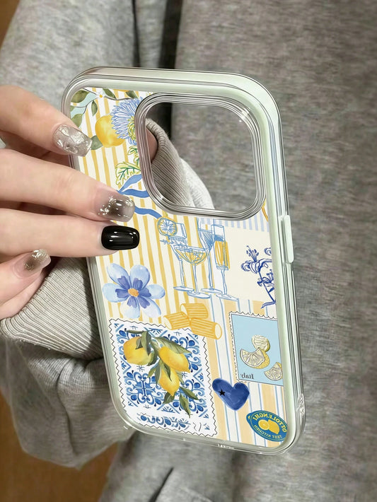 1pc 2-In-1 Green Fashion Full Coverage TPU Phone Case, Striped Lemon Print Pattern Elements, Floral Pattern And Bow, Soft Shell Full Coverage, Compatible With IPhone17/17pro/17promax/16promax/16/ 11