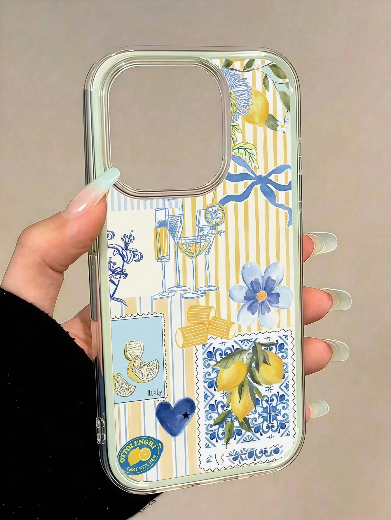 1pc 2-In-1 Green Fashion Full Coverage TPU Phone Case, Striped Lemon Print Pattern Elements, Floral Pattern And Bow, Soft Shell Full Coverage, Compatible With IPhone17/17pro/17promax/16promax/16/ 11