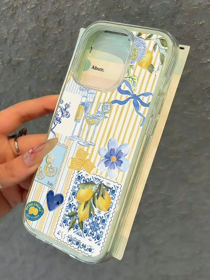 1pc 2-In-1 Green Fashion Full Coverage TPU Phone Case, Striped Lemon Print Pattern Elements, Floral Pattern And Bow, Soft Shell Full Coverage, Compatible With IPhone17/17pro/17promax/16promax/16/ 11