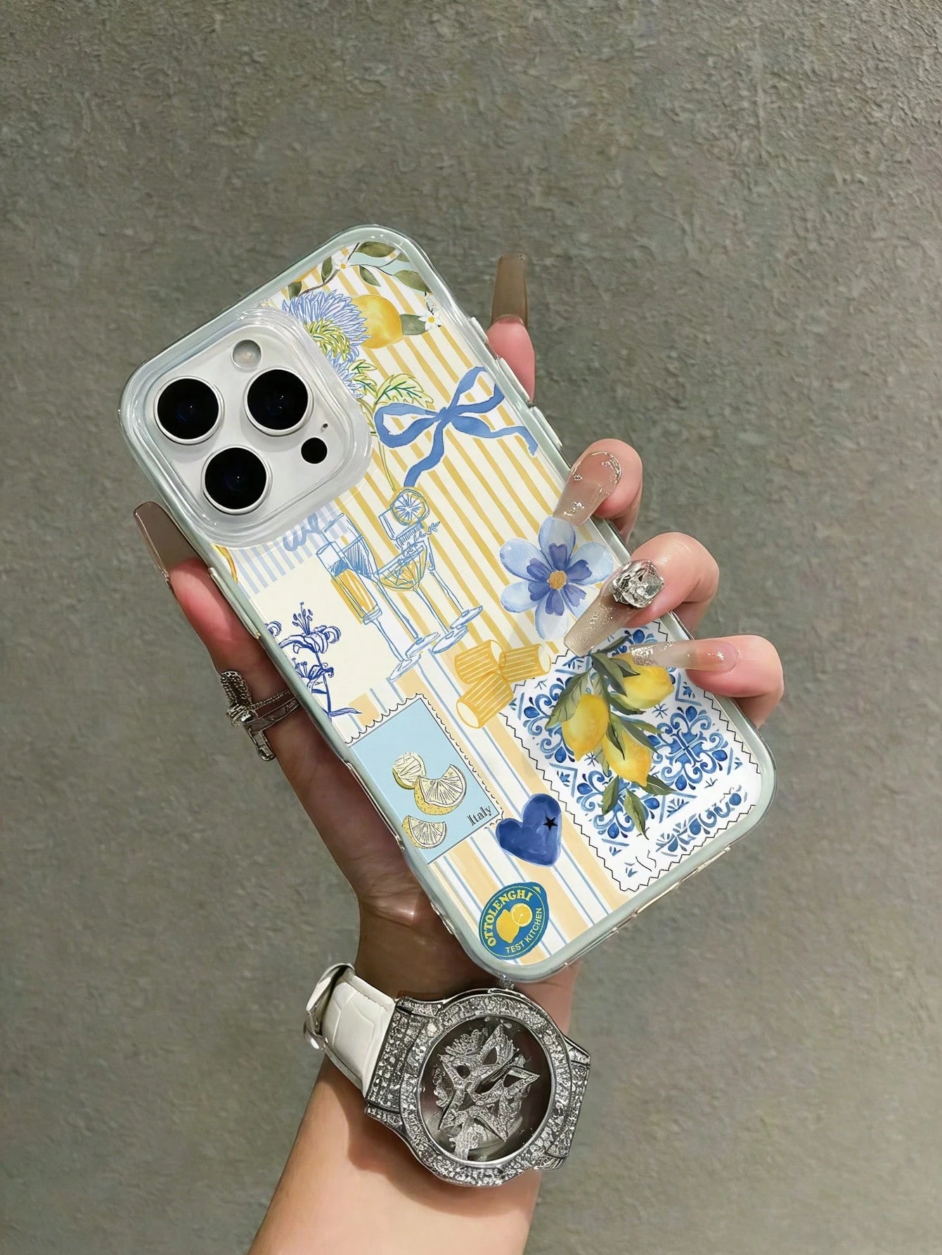 1pc 2-In-1 Green Fashion Full Coverage TPU Phone Case, Striped Lemon Print Pattern Elements, Floral Pattern And Bow, Soft Shell Full Coverage, Compatible With IPhone17/17pro/17promax/16promax/16/ 11