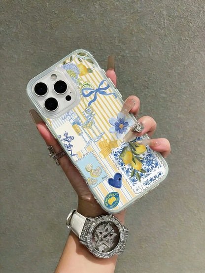 1pc 2-In-1 Green Fashion Full Coverage TPU Phone Case, Striped Lemon Print Pattern Elements, Floral Pattern And Bow, Soft Shell Full Coverage, Compatible With IPhone17/17pro/17promax/16promax/16/ 11