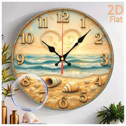 1Pc 2D Flat Beach Seashell Heart Print Wall Clock, 12Inch Silent Round Clock For Bedroom Office Living Room, Coastal Beach Home Decor Gift