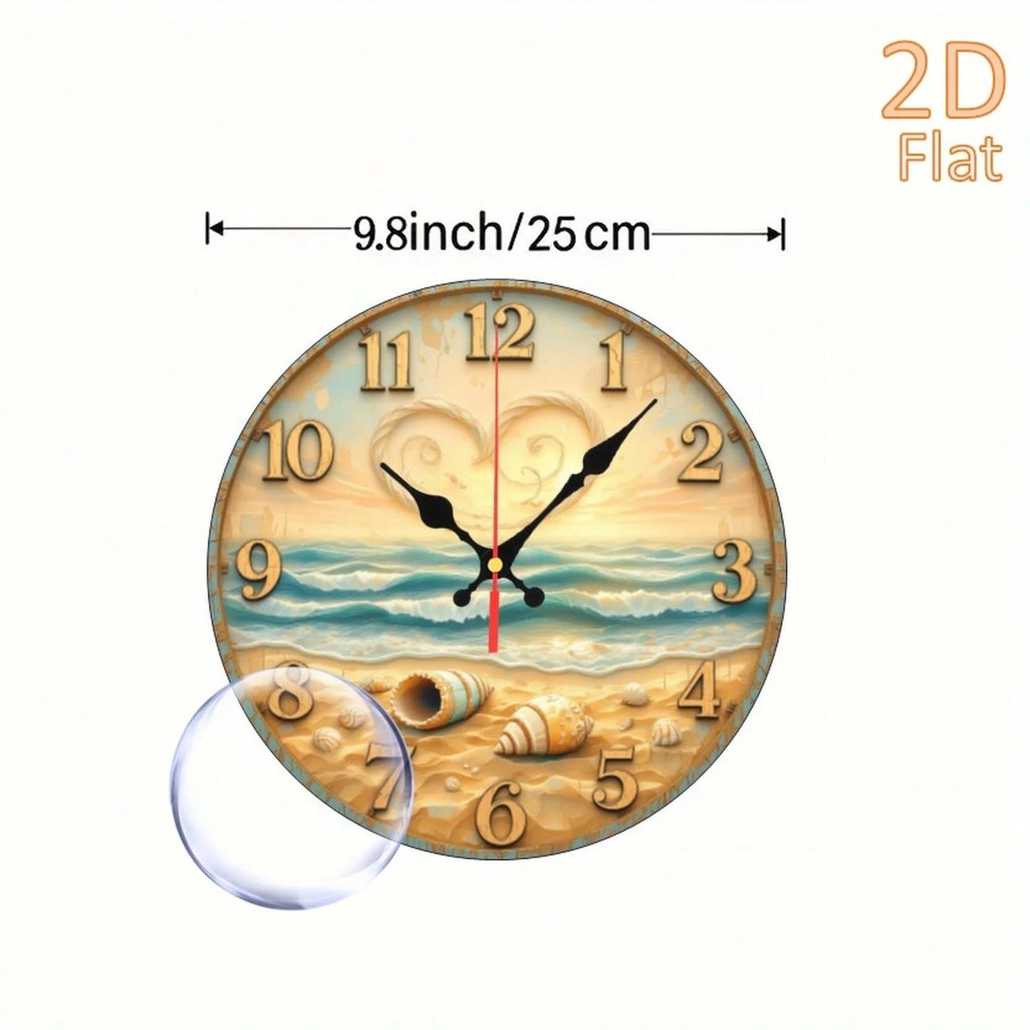 1Pc 2D Flat Beach Seashell Heart Print Wall Clock, 12Inch Silent Round Clock For Bedroom Office Living Room, Coastal Beach Home Decor Gift