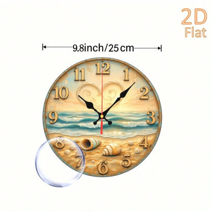 1Pc 2D Flat Beach Seashell Heart Print Wall Clock, 12Inch Silent Round Clock For Bedroom Office Living Room, Coastal Beach Home Decor Gift