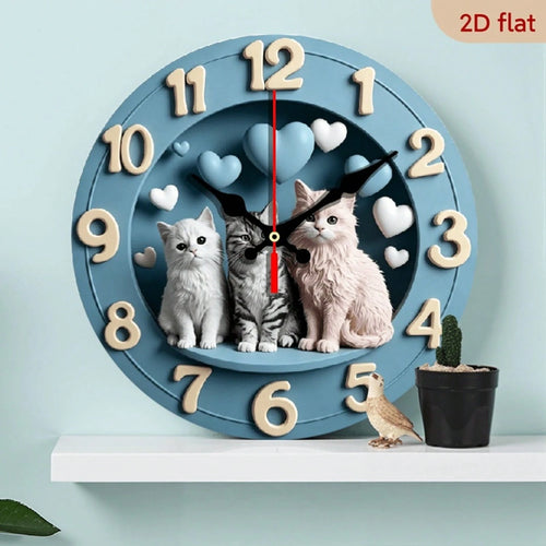 1Pc 2D Flat Cute Cat Heart Print Wall Clock, 12Inch Silent Wooden Round Clock For Nursery Bedroom, Adorable Home Decor Gift, AA Battery Not Included