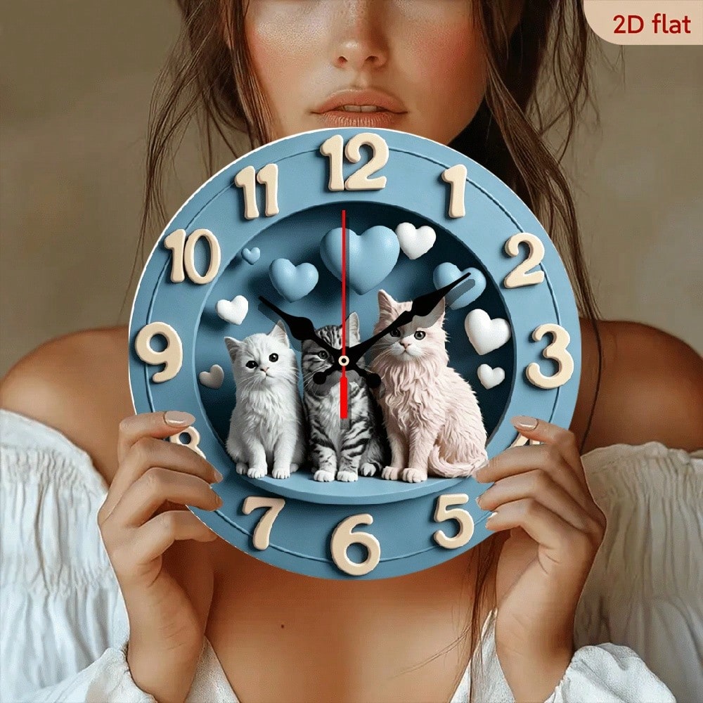 1Pc 2D Flat Cute Cat Heart Print Wall Clock, 12Inch Silent Wooden Round Clock For Nursery Bedroom, Adorable Home Decor Gift, AA Battery Not Included