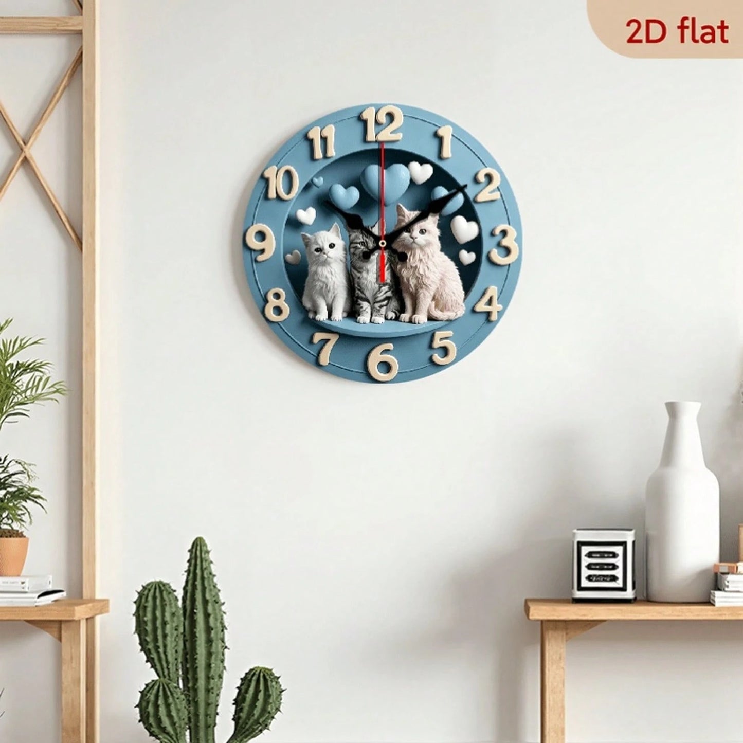 1Pc 2D Flat Cute Cat Heart Print Wall Clock, 12Inch Silent Wooden Round Clock For Nursery Bedroom, Adorable Home Decor Gift, AA Battery Not Included