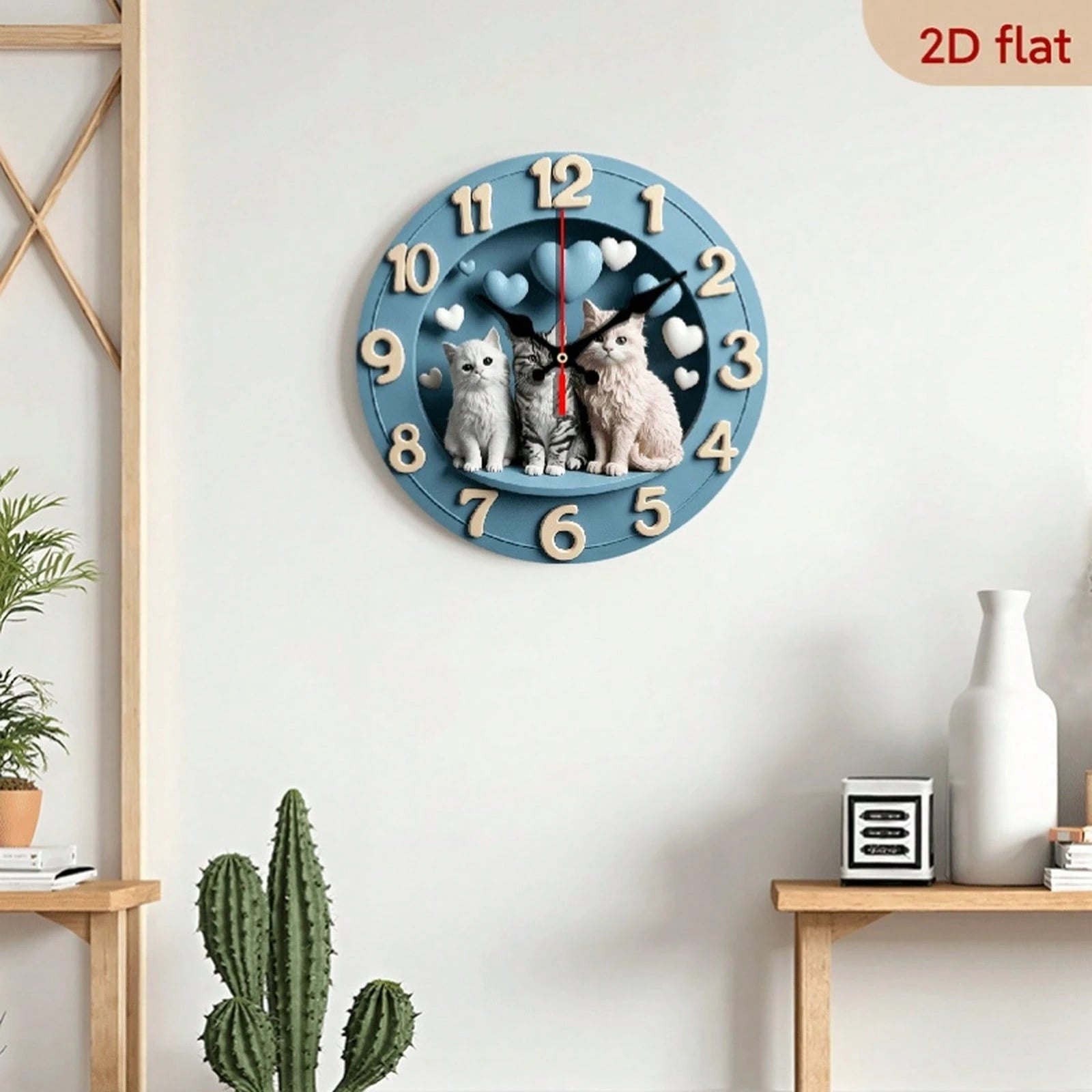 1Pc 2D Flat Cute Cat Heart Print Wall Clock, 12Inch Silent Wooden Round Clock For Nursery Bedroom, Adorable Home Decor Gift, AA Battery Not Included
