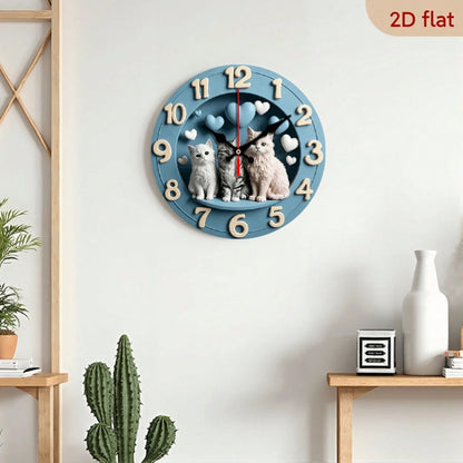 1Pc 2D Flat Cute Cat Heart Print Wall Clock, 12Inch Silent Wooden Round Clock For Nursery Bedroom, Adorable Home Decor Gift, AA Battery Not Included