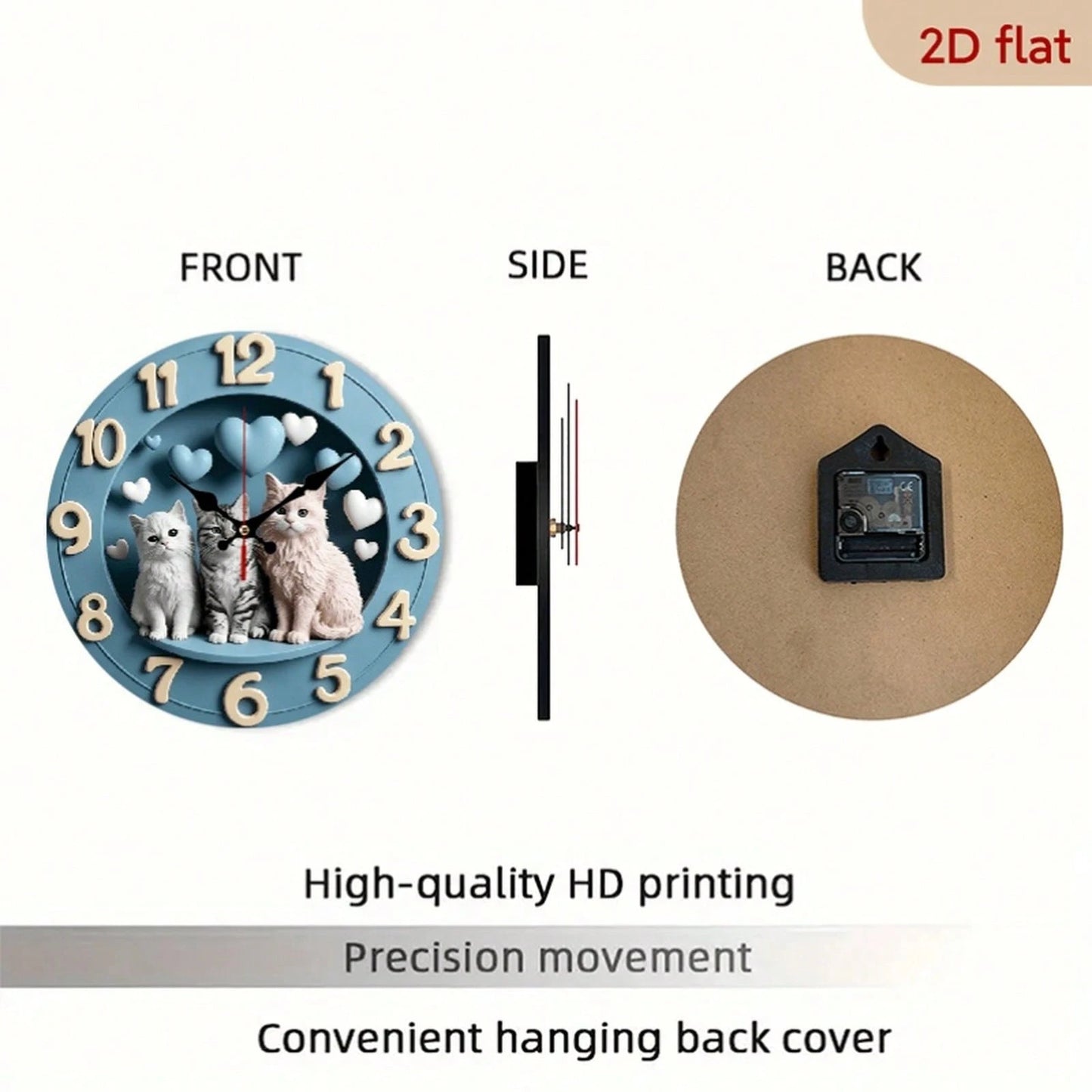 1Pc 2D Flat Cute Cat Heart Print Wall Clock, 12Inch Silent Wooden Round Clock For Nursery Bedroom, Adorable Home Decor Gift, AA Battery Not Included