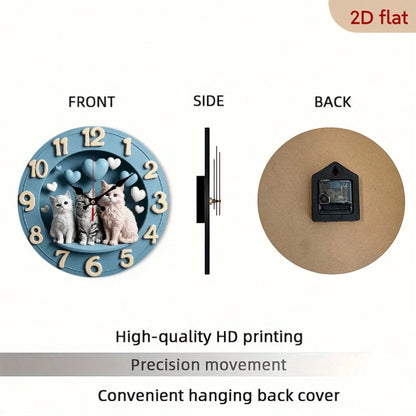 1Pc 2D Flat Cute Cat Heart Print Wall Clock, 12Inch Silent Wooden Round Clock For Nursery Bedroom, Adorable Home Decor Gift, AA Battery Not Included