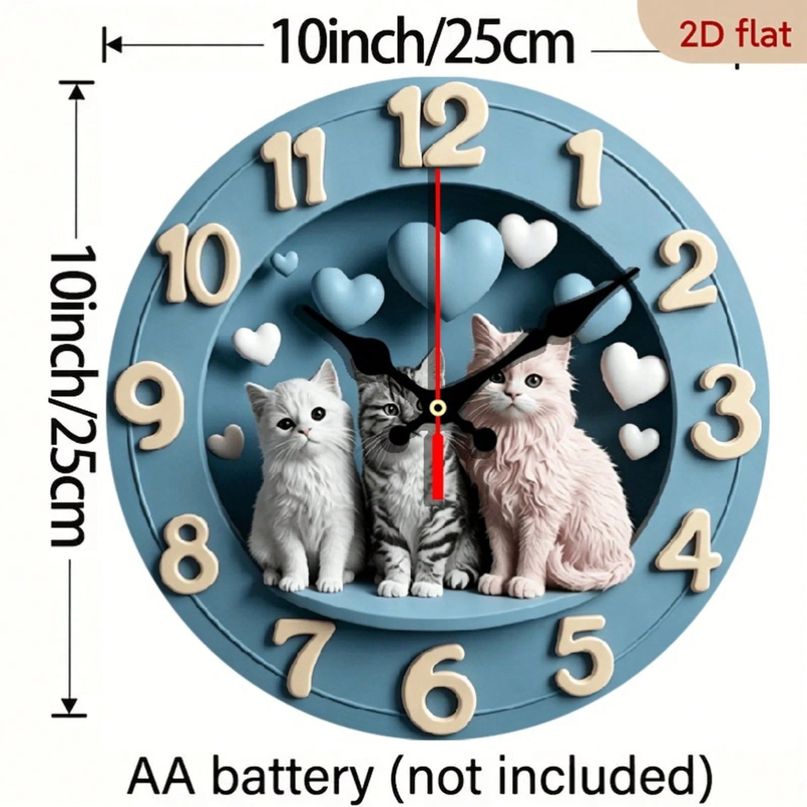 1Pc 2D Flat Cute Cat Heart Print Wall Clock, 12Inch Silent Wooden Round Clock For Nursery Bedroom, Adorable Home Decor Gift, AA Battery Not Included