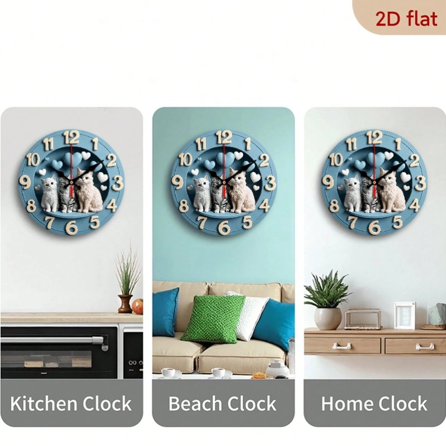 1Pc 2D Flat Cute Cat Heart Print Wall Clock, 12Inch Silent Wooden Round Clock For Nursery Bedroom, Adorable Home Decor Gift, AA Battery Not Included