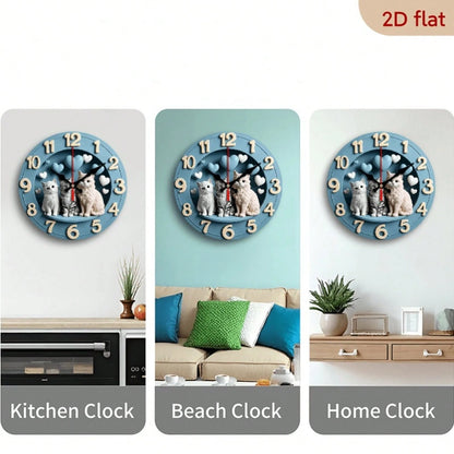 1Pc 2D Flat Cute Cat Heart Print Wall Clock, 12Inch Silent Wooden Round Clock For Nursery Bedroom, Adorable Home Decor Gift, AA Battery Not Included