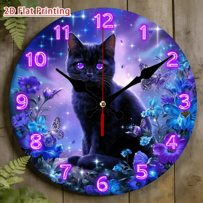 1Pc 2D Flat Mystical Purple Eye Black Cat Magic Print Wall Clock, 12Inch Silent Quartz Wooden Round Clock For Home Bedroom Hallway