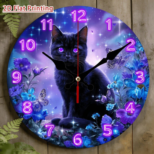 1Pc 2D Flat Mystical Purple Eye Black Cat Magic Print Wall Clock, 12Inch Silent Quartz Wooden Round Clock For Home Bedroom Hallway