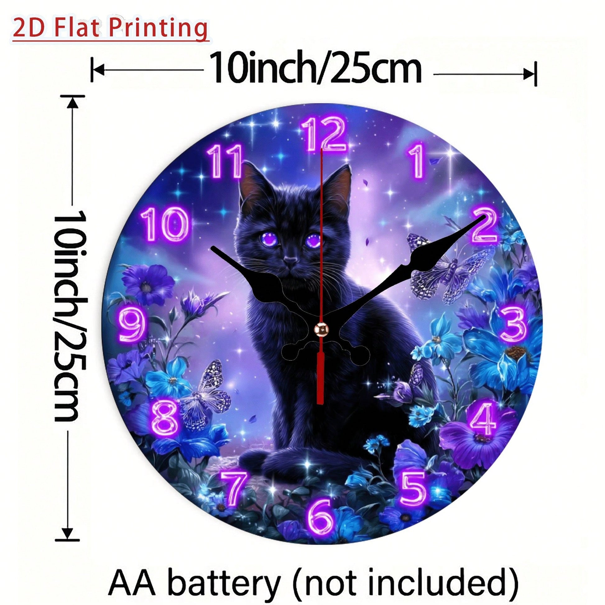 1Pc 2D Flat Mystical Purple Eye Black Cat Magic Print Wall Clock, 12Inch Silent Quartz Wooden Round Clock For Home Bedroom Hallway