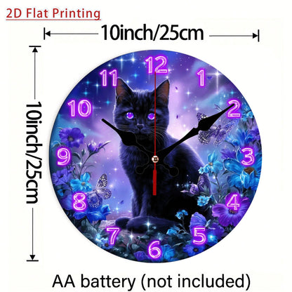 1Pc 2D Flat Mystical Purple Eye Black Cat Magic Print Wall Clock, 12Inch Silent Quartz Wooden Round Clock For Home Bedroom Hallway